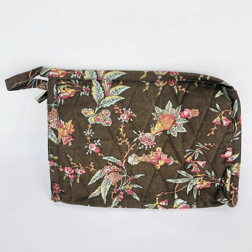 Garnet Hill 3-pc Quilted Toiletry Cosmetic Tote Purse Bag Brown Floral Set